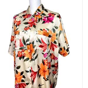 Victoria's Secret Night Shirt Satiny Button Down in Tropical Florals Size L